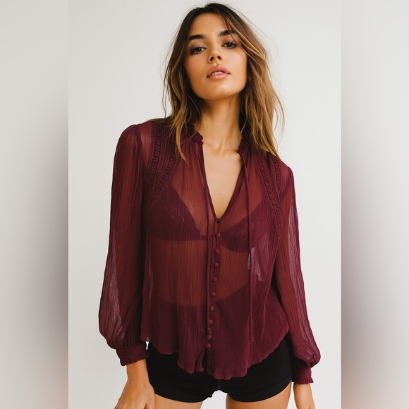 FREE PEOPLE Long Live Love Sheer Button-Down Blouse, Maroon Red - Picture 2 of 9